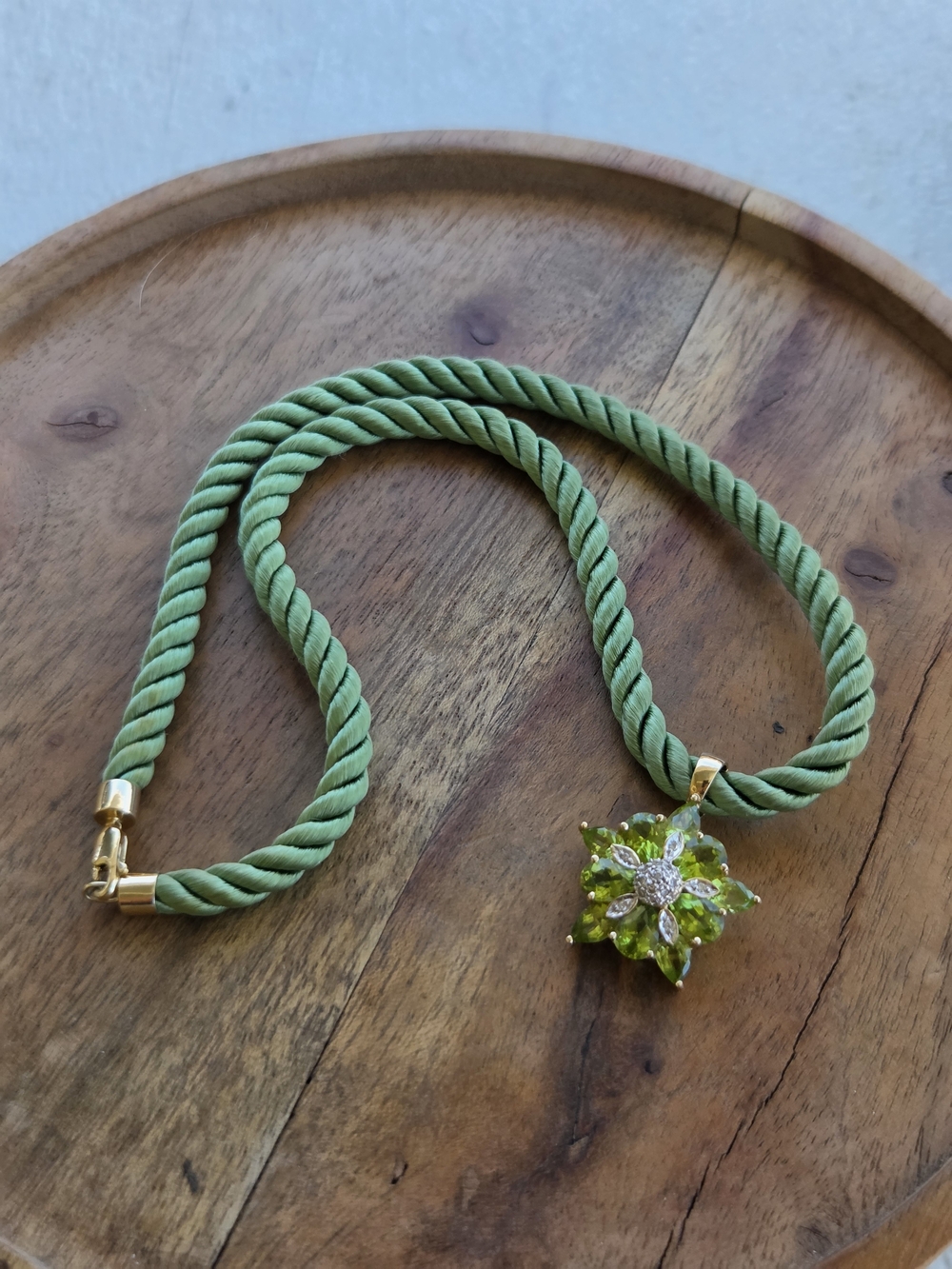 14k Green Silk Rope Choker Necklace with 14k Enhancer Peridot Flower Pendant